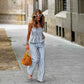 Summer Striped Printed Casual Vacation Chest Wrapped Trousers Two Piece Sets