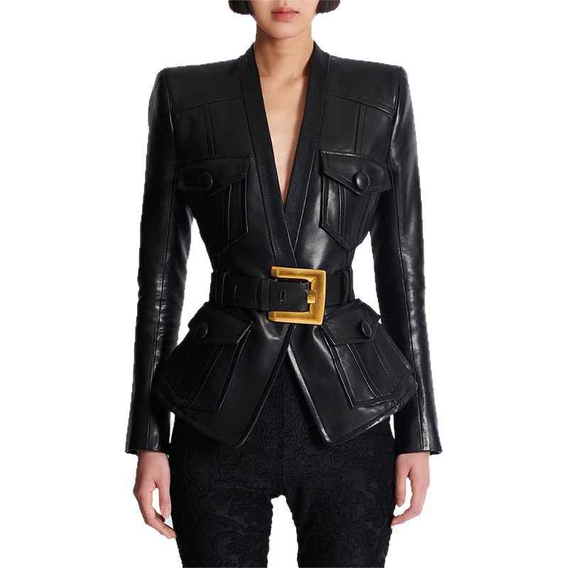 Early Autumn Star Series Belt Slim Fit Leather Jacket Coat