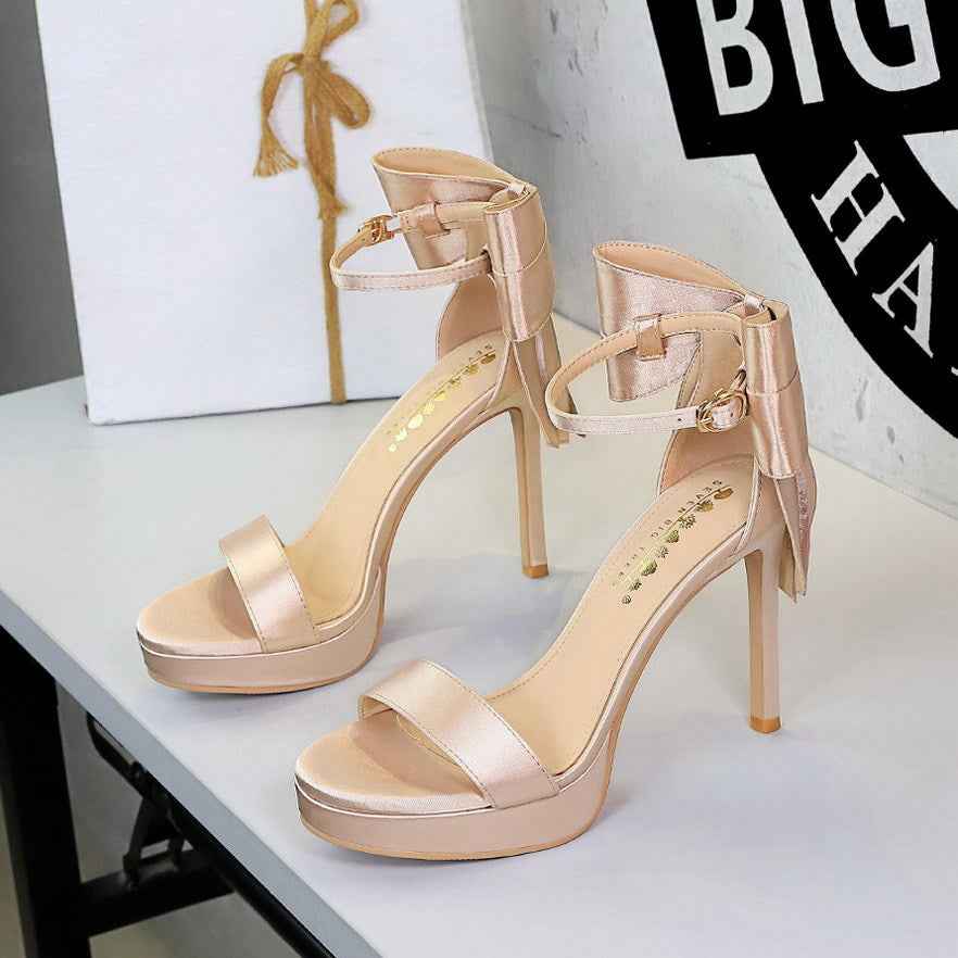 French Super High Heel Open Toe Platform with Back Big Bow Satin Outdoor Sandals Women