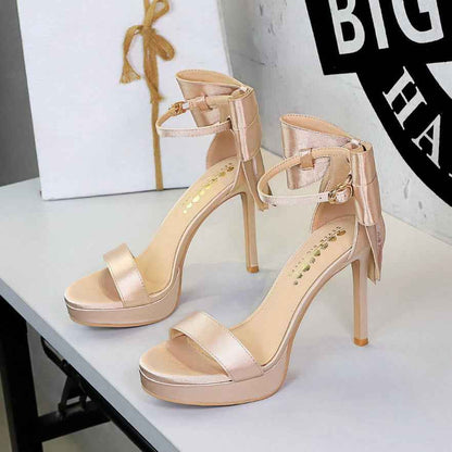 French Super High Heel Open Toe Platform with Back Big Bow Satin Outdoor Sandals Women