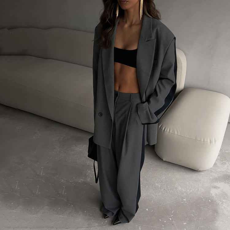 Loose Women Contrast Color Long Sleeves Turn down Collar Coat Wide Leg Pants Two Piece Set