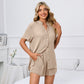 Spring Summer Solid Color V neck Loose Button T shirt Shorts Home Casual Suit