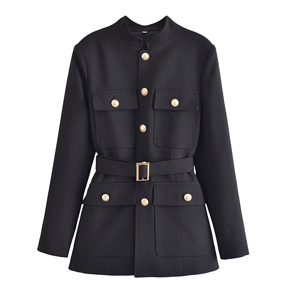 Belt Button Decoration Slim Fit Figure Flattering Blazer Coat