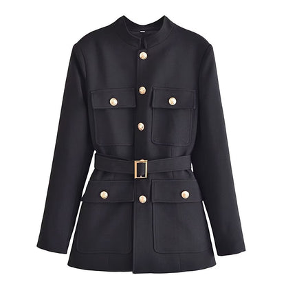 Belt Button Decoration Slim Fit Figure Flattering Blazer Coat