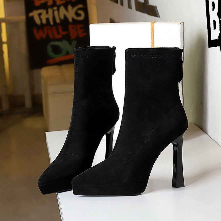 Chunky Heel High Heel Waterproof Platform Boots Women Pointed Toe Suede Stretch Single Boots Skinny Boots Nice Looking Short Boots