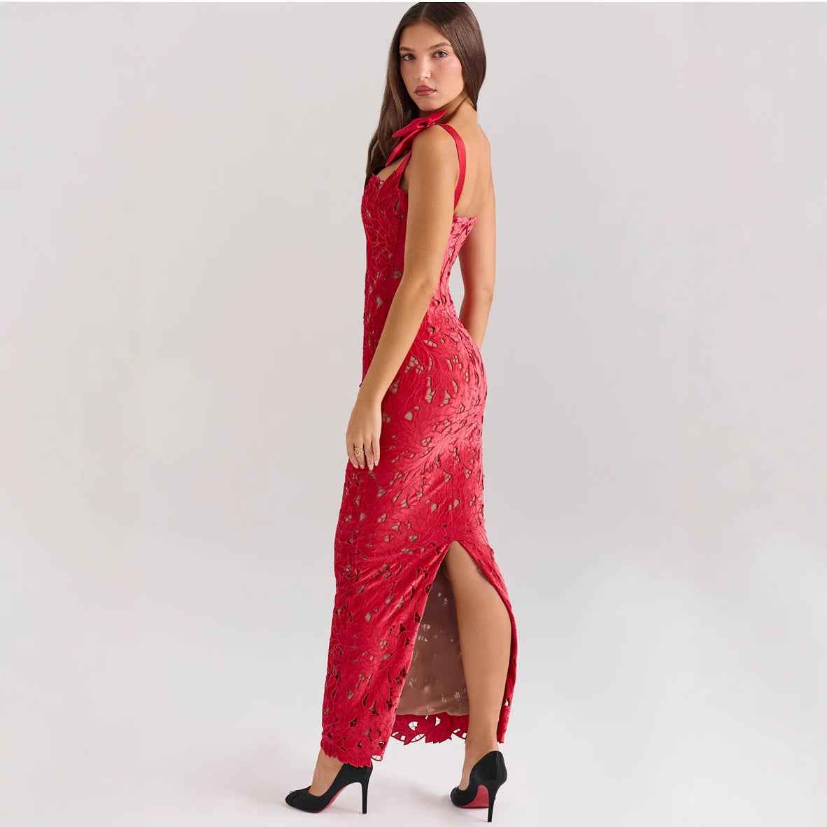 Spring Summer Entry Lux Bow High Sense Embroidered Hollow Out Cutout Sheath Dress