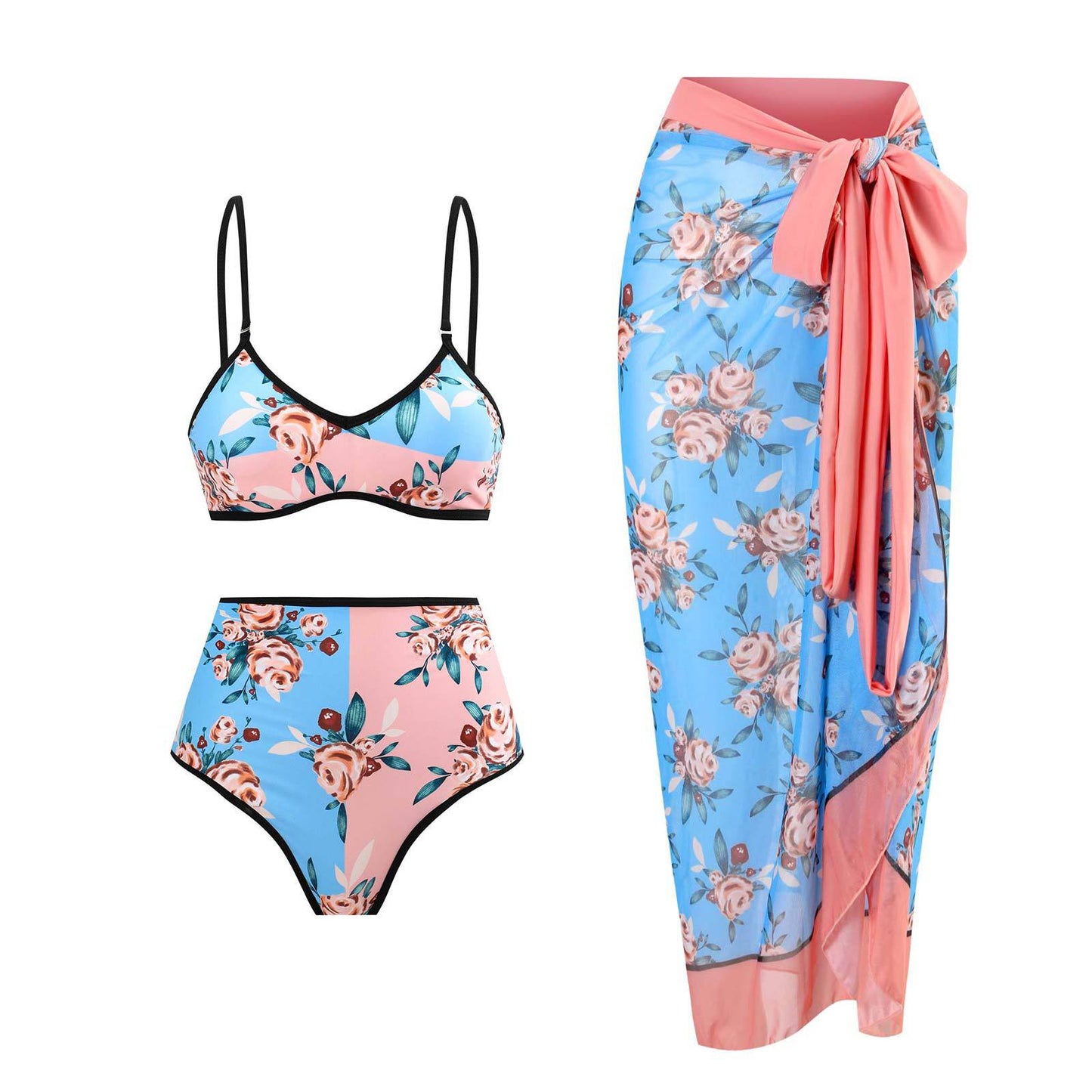 Maillot de bain rétro fendu trois pièces maillot de bain jupe de plage à lacets