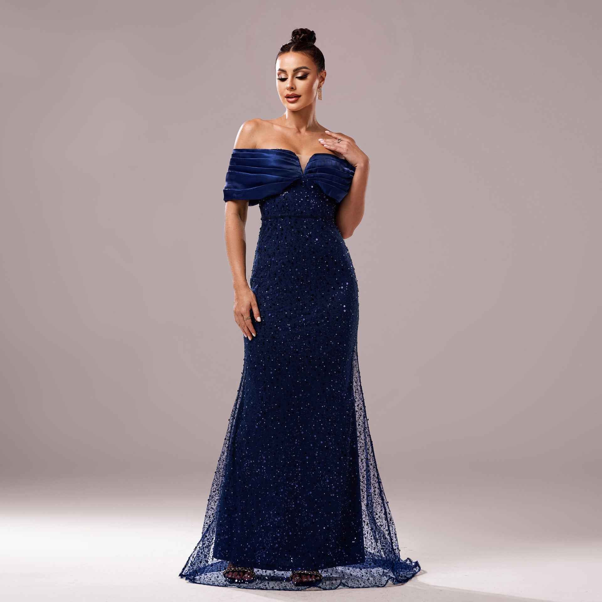 Women Clothing Off Neck Slim Fit Sheath Cocktail Sequined Fishtail Evening Dress
