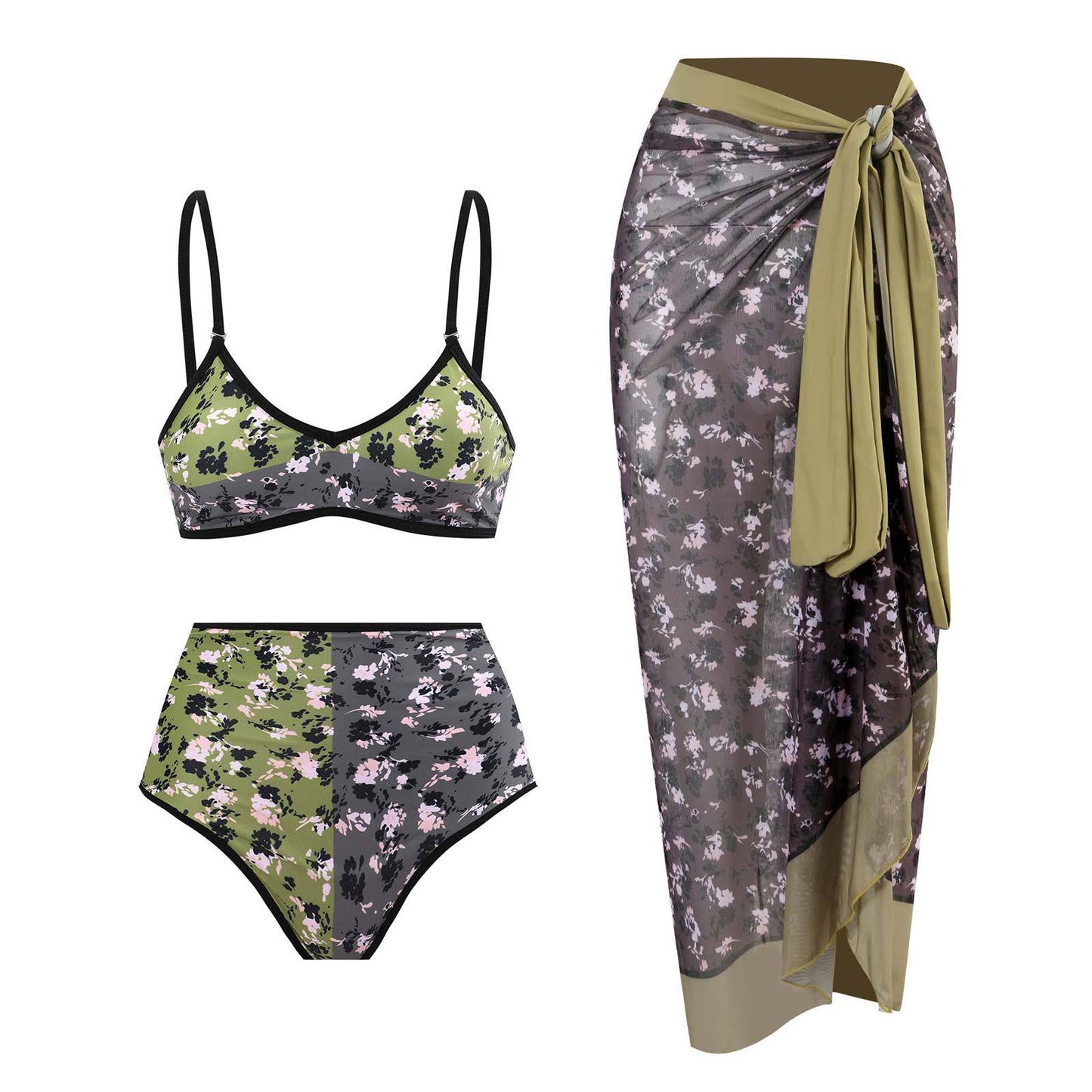 Maillot de bain rétro fendu trois pièces maillot de bain jupe de plage à lacets