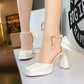 Ginevra High Heel Satin Sandals Chunky Heel Square Toe Pearl Bow Wedding Shoes