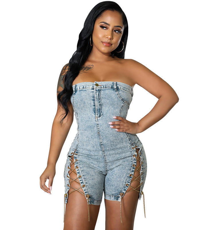 Abbigliamento primaverile da donna, abito in denim sexy con spalle scoperte e catena in rame