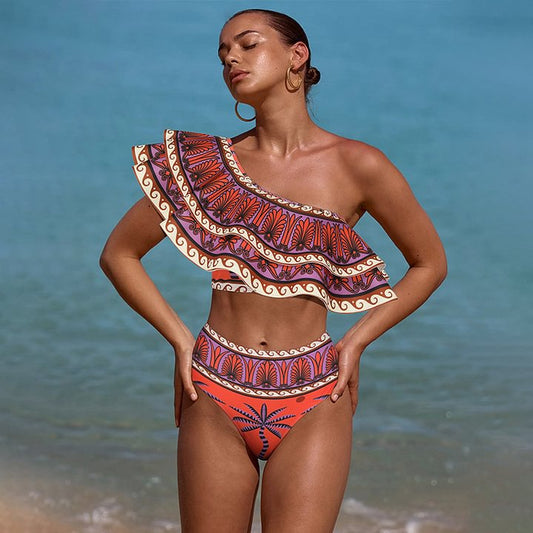 Shoulder Double Layer Flounced Printed Swimsuit Women High Waist Bikini