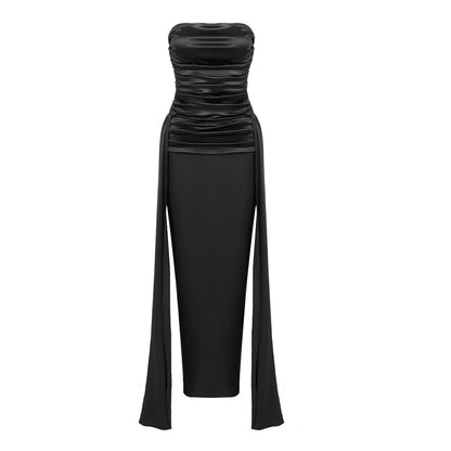 Mariangela Black Tube Top Pleated Ribbon Evening Dress