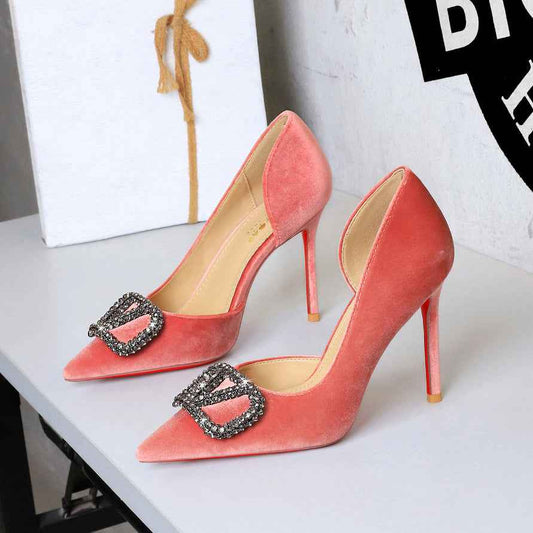 French Elegant Lady Ultra High Heel Stiletto Heel Red Bottom High Grade Rhinestone V Buckle Suede Shoes