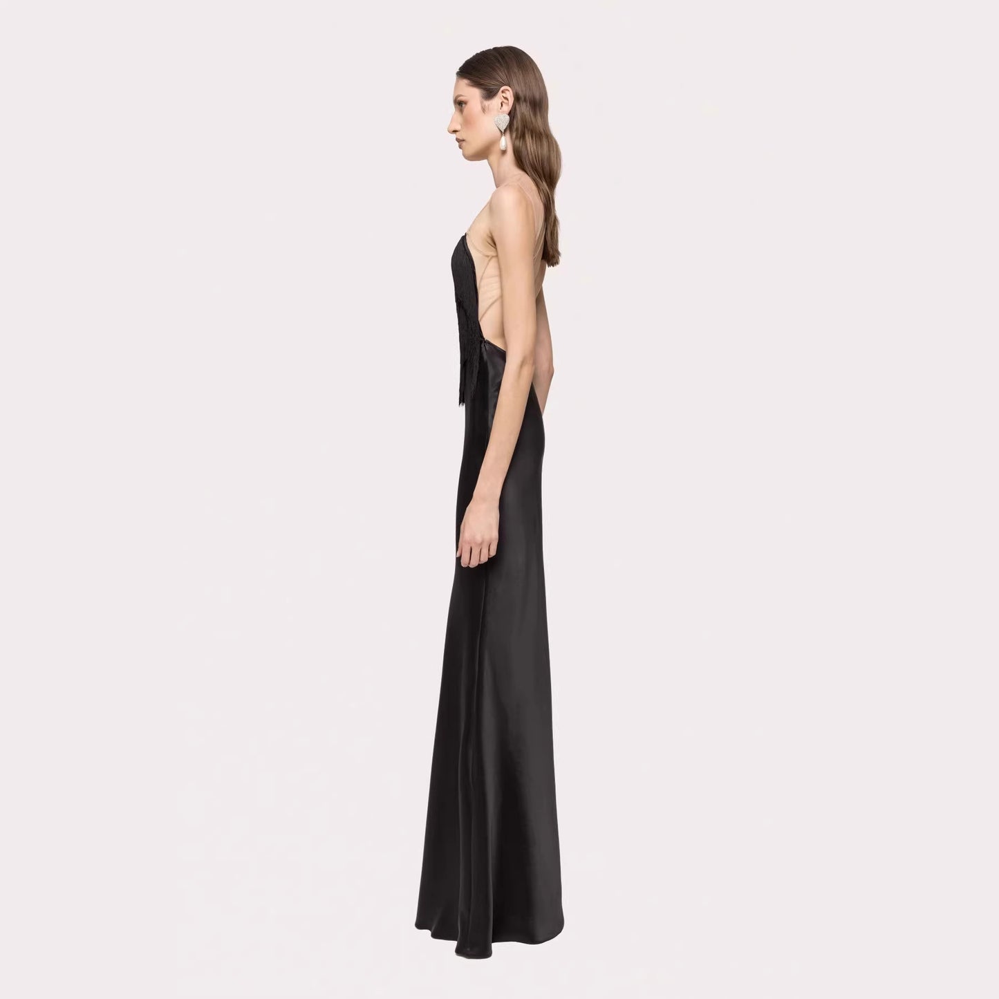 Black Tassel Tube Top Fishtail Draping V neck Slim Fit Evening Dress Wedding Party Maxi Dress