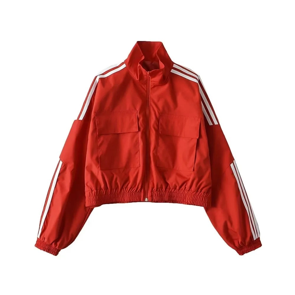 Col montant veste à glissière petit manteau rétro rue à manches longues trois barres couleur contraste taille courte serré Cardigan haut