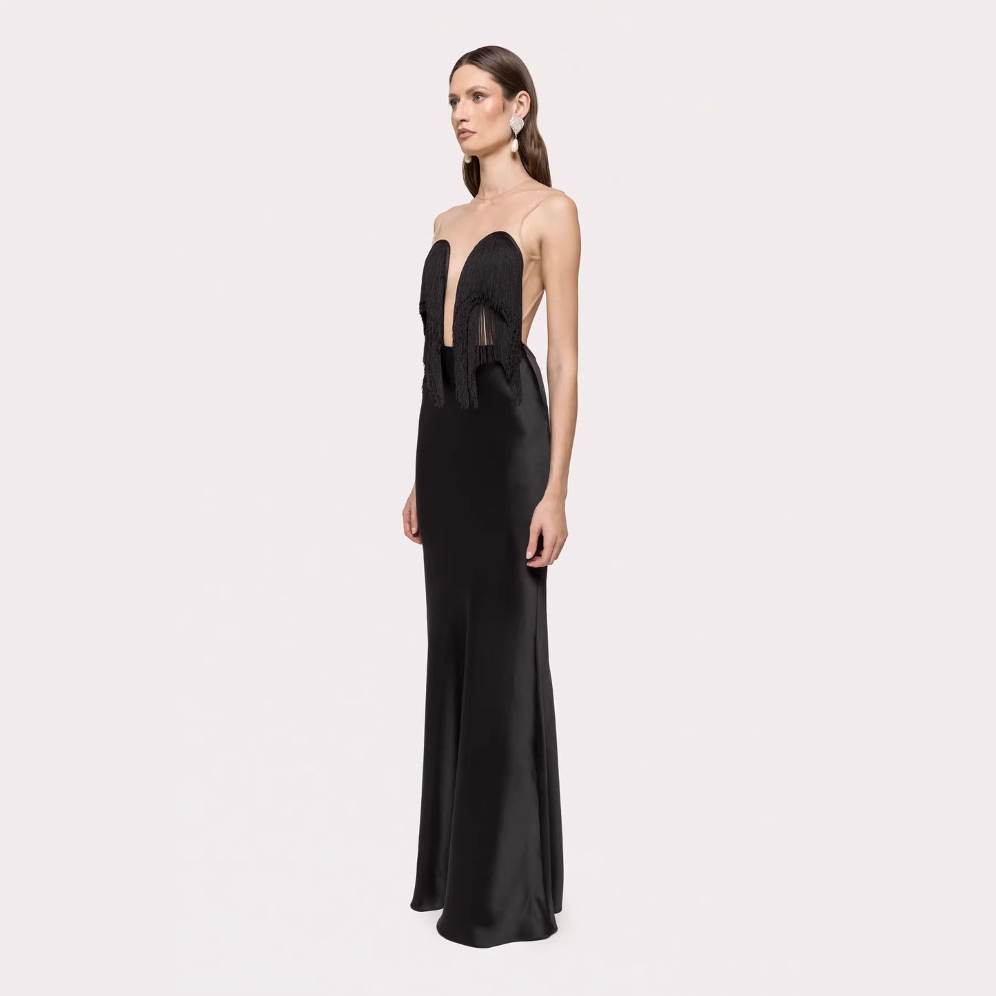 Black Tassel Tube Top Fishtail Draping V neck Slim Fit Evening Dress Wedding Party Maxi Dress