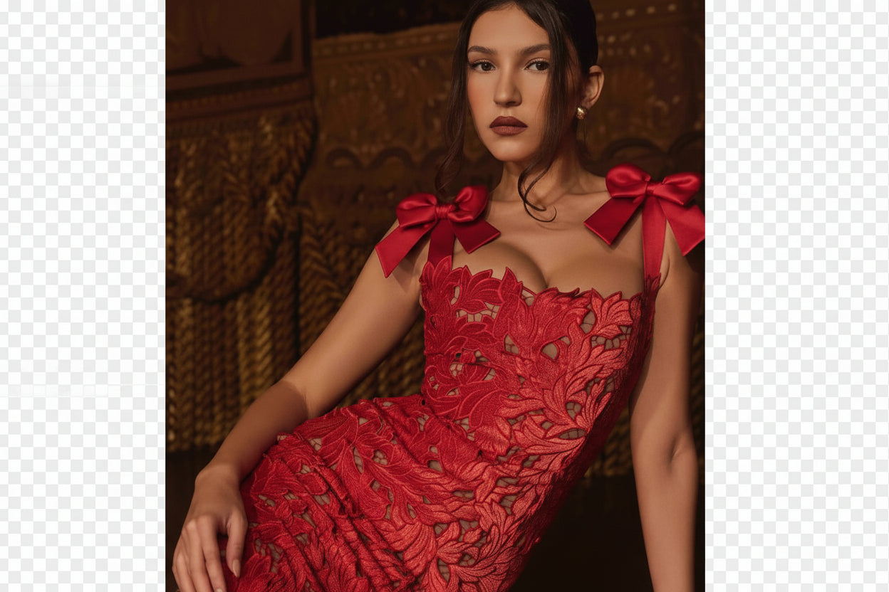 Spring Summer Entry Lux Bow High Sense Embroidered Hollow Out Cutout Sheath Dress
