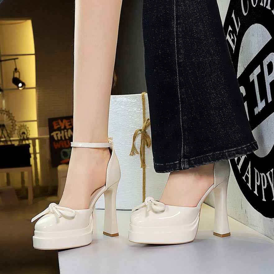 French Super High Heel Buckle Bowknot Women Shoes Double Layer Waterproof Platform Height Women Chunky Heels