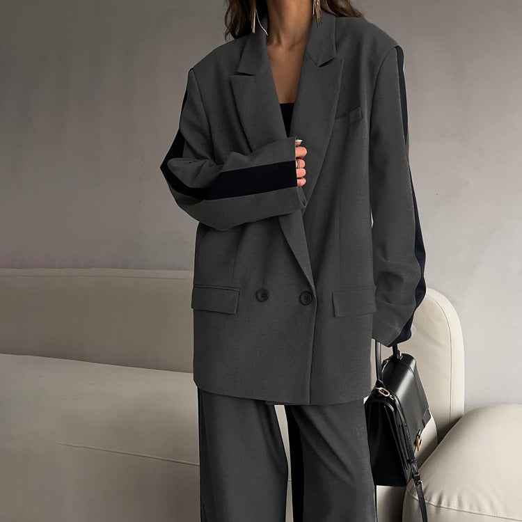 Loose Women Contrast Color Long Sleeves Turn down Collar Coat Wide Leg Pants Two Piece Set