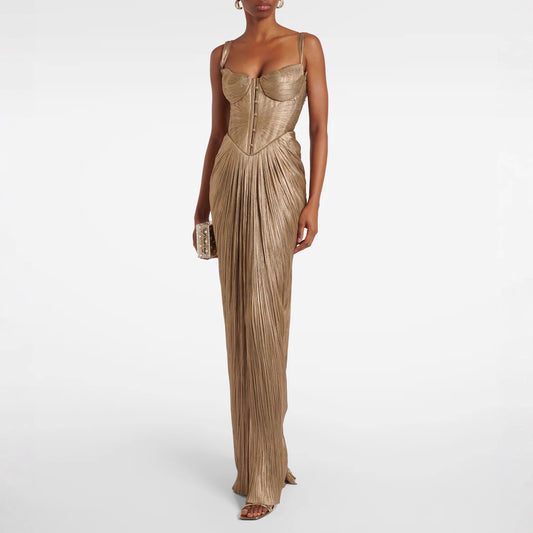 Mariangela Pleated Gilded Lace-Up Occasion Dress