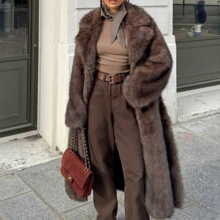 Winter Brown  Coat Extended Vintage Collar Faux Fur Coat High Grade Fox Fur Jacket Women