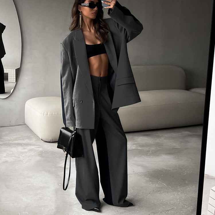 Loose Women Contrast Color Long Sleeves Turn down Collar Coat Wide Leg Pants Two Piece Set