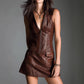 Moderno Leather Zipper V neck Sleeveless Waist Design Dress