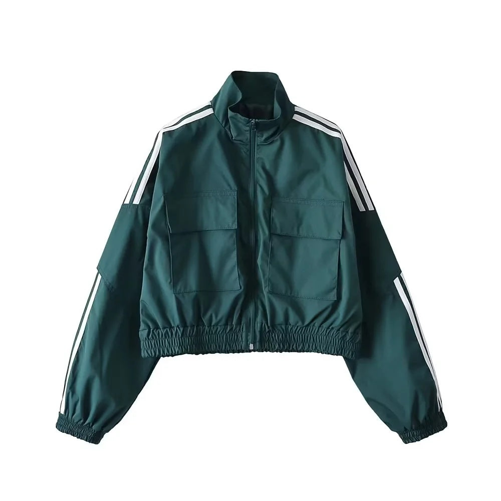 Col montant veste à glissière petit manteau rétro rue à manches longues trois barres couleur contraste taille courte serré Cardigan haut