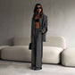 Loose Women Contrast Color Long Sleeves Turn down Collar Coat Wide Leg Pants Two Piece Set