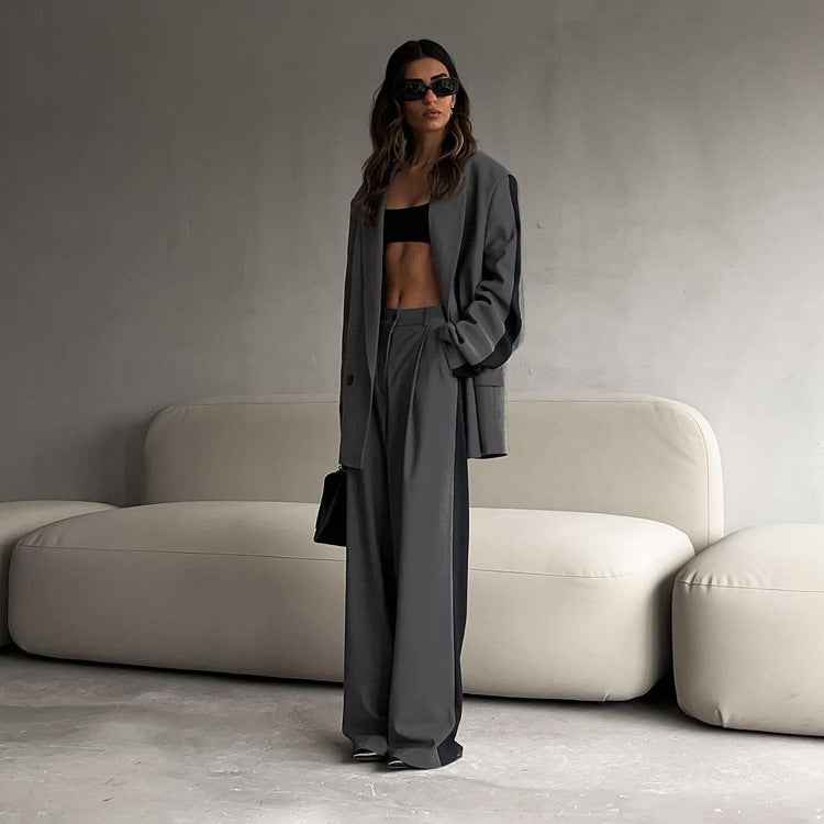 Loose Women Contrast Color Long Sleeves Turn down Collar Coat Wide Leg Pants Two Piece Set