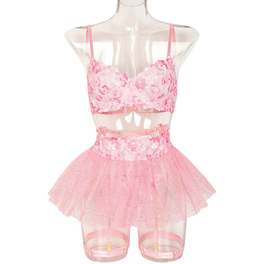 Sexy Lingerie Popular Heavy Industry Floral Embroidery Push up Sexy Suit Pettiskirt