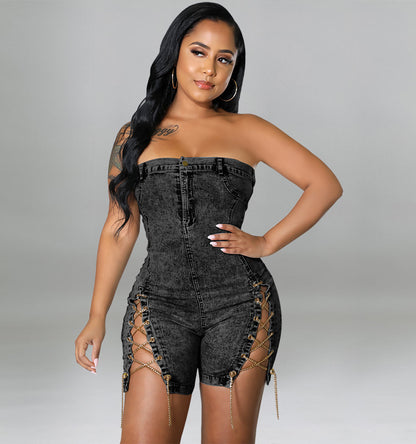 Abbigliamento primaverile da donna, abito in denim sexy con spalle scoperte e catena in rame