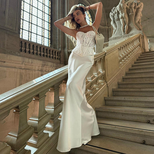 Autumn Winter Women Clothing Lace Tube Top Solid Color Slim Sheath Skirt Set Women