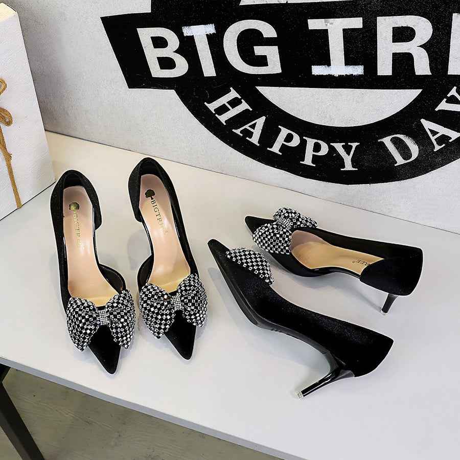 Super Large Rhinestone Bow Pointed Slip on Side Hollow Out Cutout Suede Pumps Women