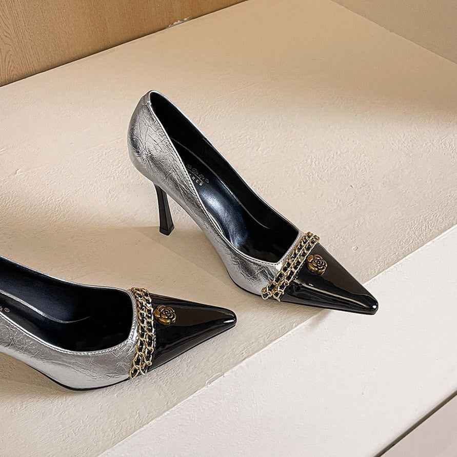 Design Color Matching Metal Chain Super High Heels Stiletto Pointed Toe Camellia Chanel Shoes