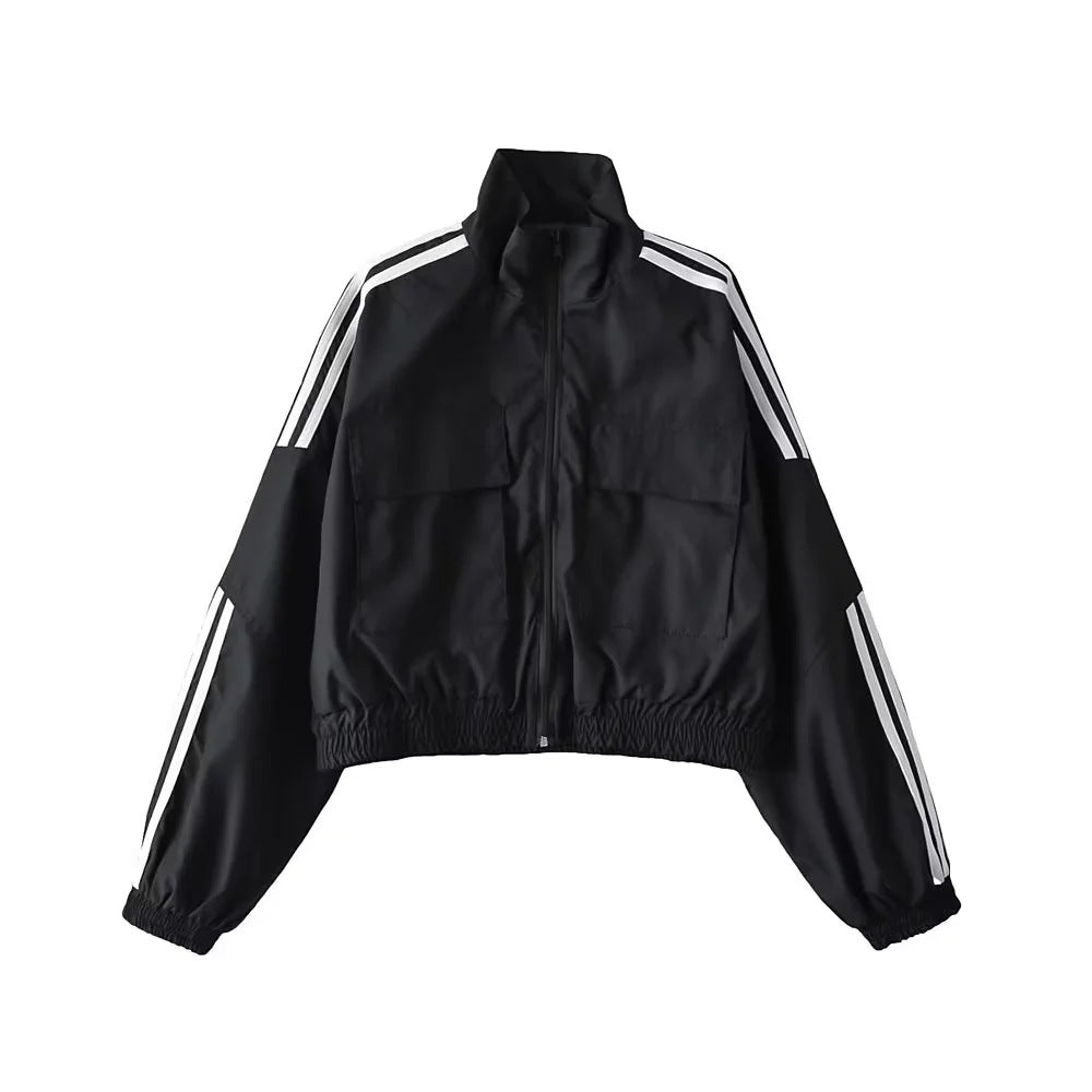 Col montant veste à glissière petit manteau rétro rue à manches longues trois barres couleur contraste taille courte serré Cardigan haut