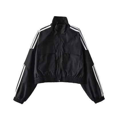 Col montant veste à glissière petit manteau rétro rue à manches longues trois barres couleur contraste taille courte serré Cardigan haut