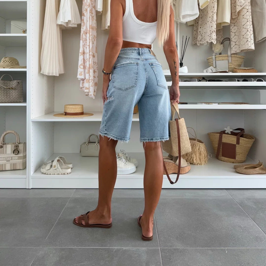 Summer Urban Casual Loose Washed out Ripped Women Denim Shorts