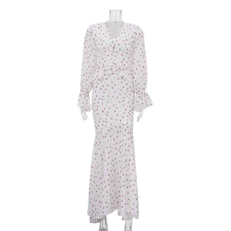 Elegant Women Chiffon V neck Flared Sleeves Waist Controlled Top Hip Skirt Two Piece Sets Printed Skirt Set