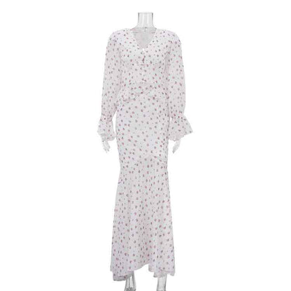 Elegant Women Chiffon V neck Flared Sleeves Waist Controlled Top Hip Skirt Two Piece Sets Printed Skirt Set