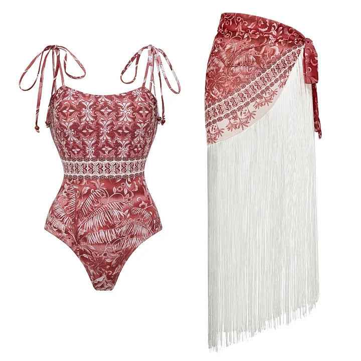 Swimsuit Ethnic Tassel One Piece Swimsuit Women Wrap Skirt Sets
