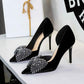 Super Large Rhinestone Bow Pointed Slip on Side Hollow Out Cutout Suede Pumps Women