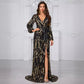 Women Prom Evening Dress Sequined Lace up Random Printed V neck Long Sleeve Light Luxury Party Evening Dress