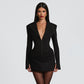 Women Clothing Autumn Winter Solid Color Deep V Plunge neck Waist Controlled Slim Fit Slimming Blazers Dress