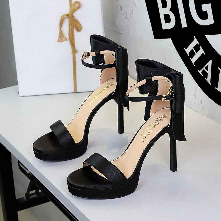 French Super High Heel Open Toe Platform with Back Big Bow Satin Outdoor Sandals Women