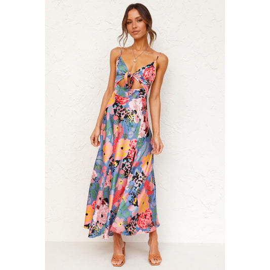Sundress Spring Summer Small Maxi Floral Print Fresh Sweet Spaghetti-Strap Dress