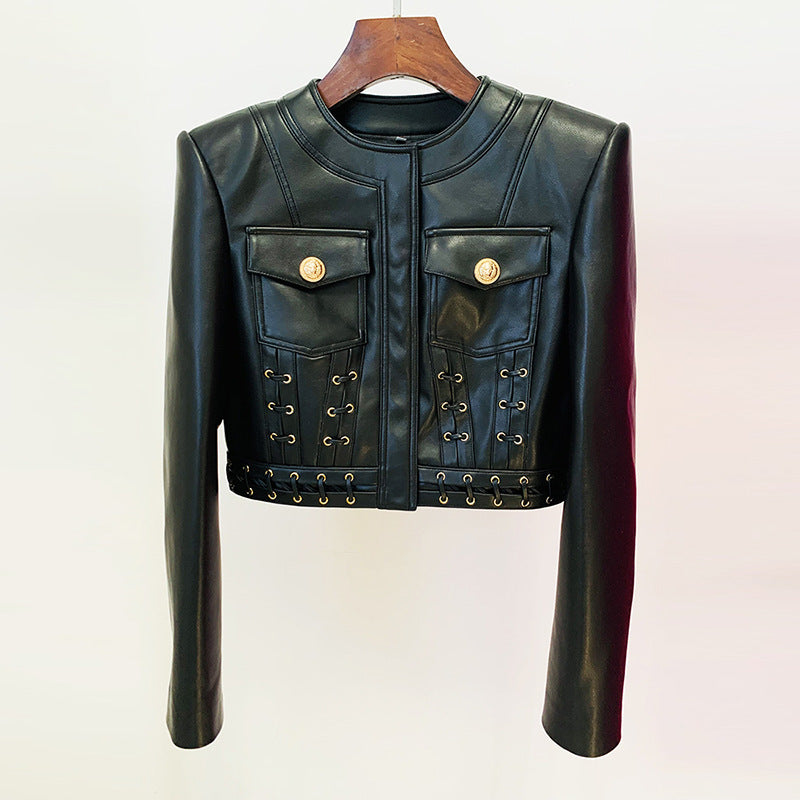 Round Neck Heavy Industry Rope Slim Short Leather Jacket Coat Two Piece Skirt Sets