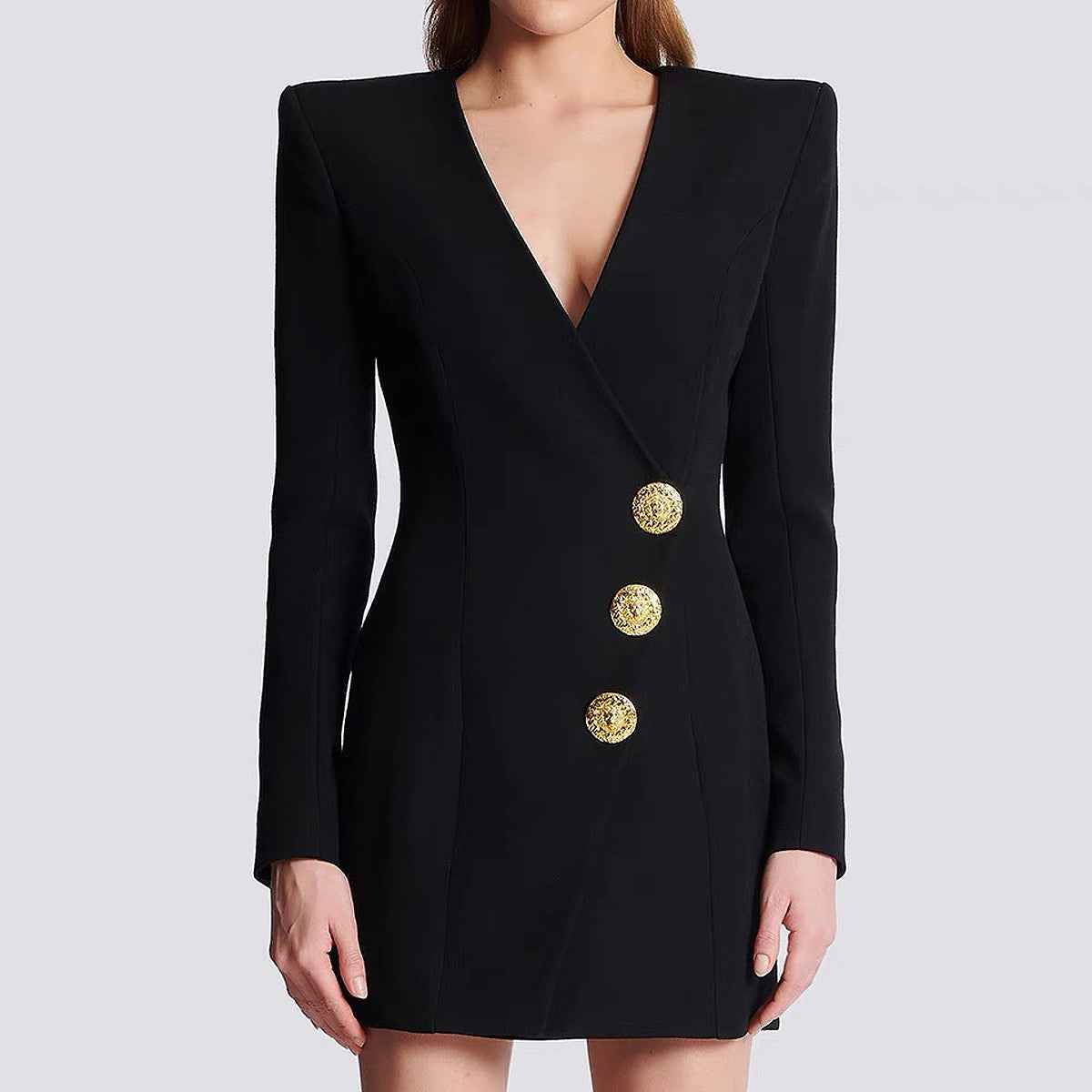 Autumn Winter V neck Slim Fit Slimming Three Button Long Sleeved Dress Coat for Women