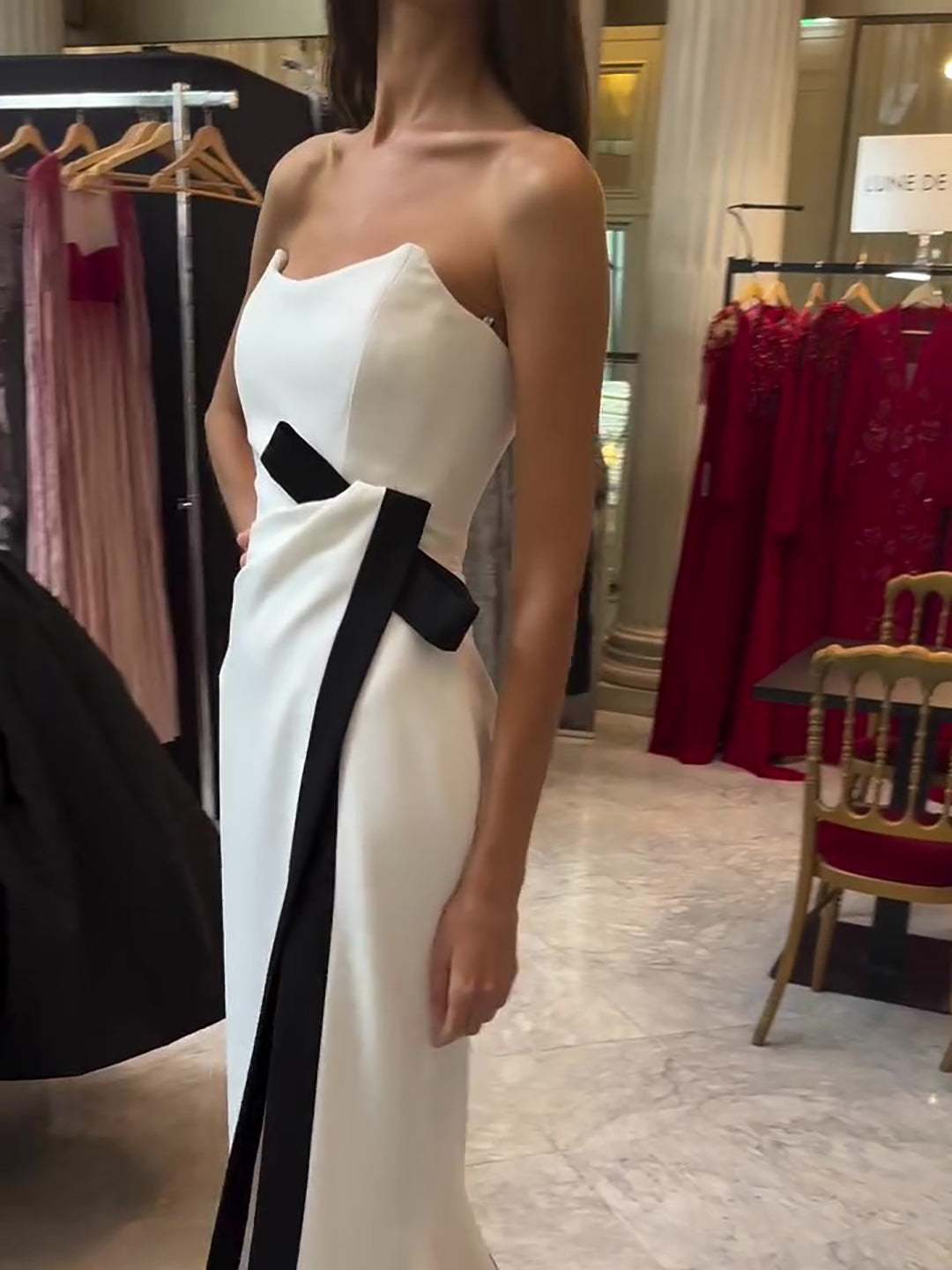 Anna Strapless Black & White Contrast Slit Occasion Maxi Dress